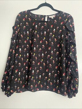 Maison Jules Black Floral Heart-Print Ruffle Sleeve Blouse